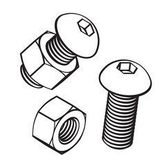Steel bolt, nut. Head with hex socket. Set. Isolated on white background. Vector line illustration.