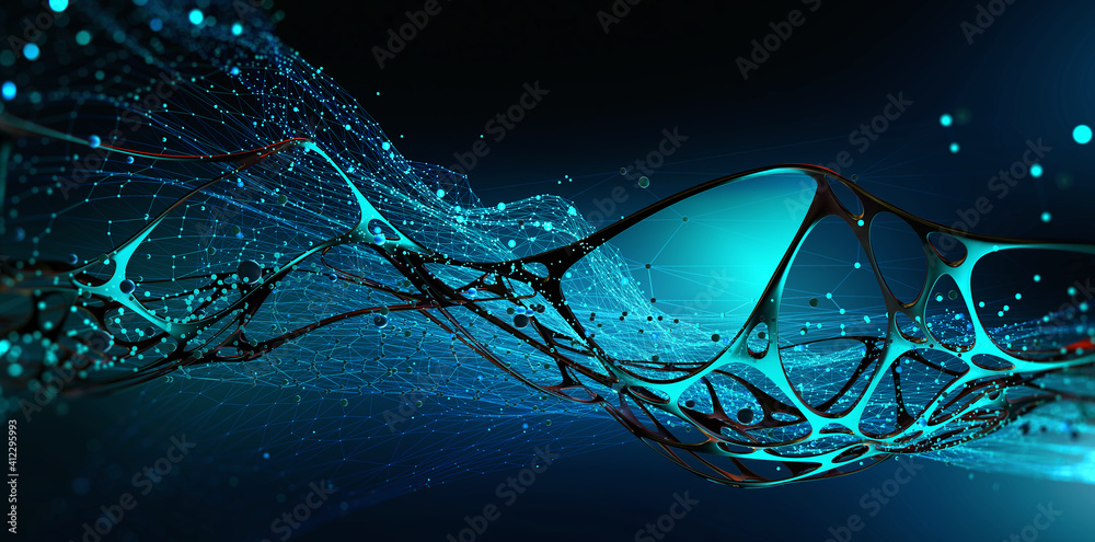 Poster Cyberspace and digital intelligence. High technology business. Artificial Neural Network. Big Data concept. Artificial intelligence in technology of future. 3D illustration