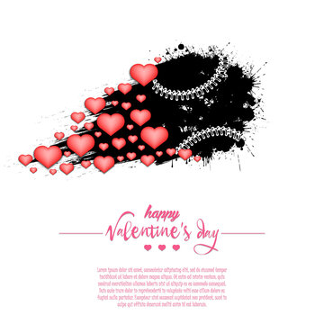 Happy Valentines Day. Flying abstract baseball ball made from blots and hearts by milky way. Grunge style. Pattern for banner, poster, greeting card, party invitation. Vector illustration