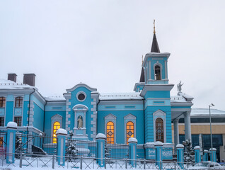 Kazan, Russia. Catholic Church of the Exaltation of the Holy Cross on a winter evening. Side view