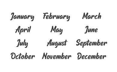 Handwritten names of months: December, January, February, March, April, May, June, July, August, September, October, November. Calligraphy words for calendars and organizers.