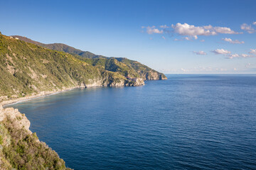 Italian Riviera. View of Manarola village from Corniglia village in Cinque Terre. Postcard view.