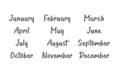 Handwritten names of months: December, January, February, March, April, May, June, July, August, September, October, November. Calligraphy words for calendars and organizers.