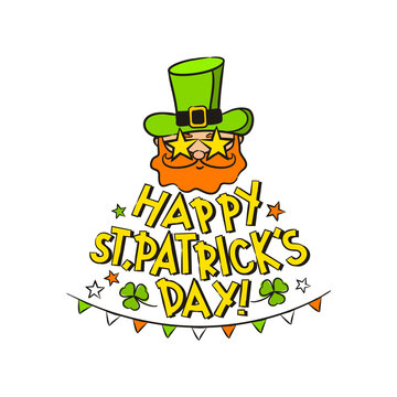 Happy Saint Patrick's Day greeting logo. Hand drawn festive lettering with Leprechaun in a green hat, irish flags and clover leaves isolated on white background. Vector illustration