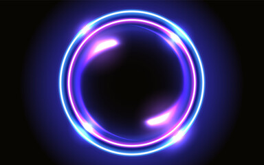 Abstract fantastic background with neon glowing round frame and space portal into another dimension