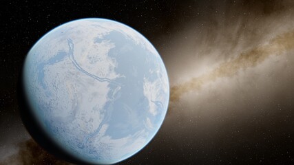 super-earth planet, realistic exoplanet, planet suitable for colonization, earth-like planet in far space, planets background 3d render