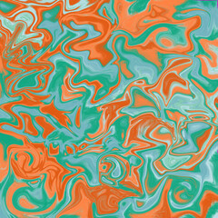 Fluid abstract background. Bright liquid texture in green and orange colors.