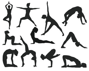 vector set of yoga pilates poses in black on white background