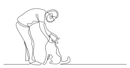 continuous line drawing of man wearing face mask petting dog