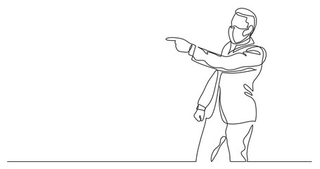 man wearing face mask pointing - continuous line drawing