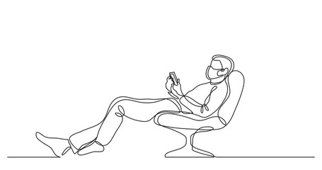 continuous line drawing of man wearing face mask relaxing in chair with his mobile phone