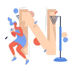 Woman playing netball with ball in hands. Concept illustration with goal point and large capital letter N. Cartoon character in sport uniform dress