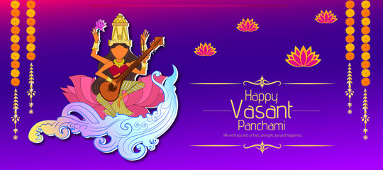 Illustration of happy vasant panchami indian festival background with Easy to edit vector illustration of Goddess Saraswati 