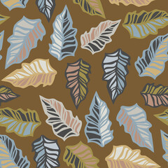 Abstract elegant seamless pattern of lined botanical floral motifs leaves in brown tones