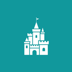 White castle with flag icon. Tower, fortress. Fairy tale, magic, fantasy logo.