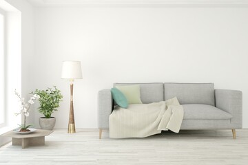 White living room with sofa. Scandinavian interior design. 3D illustration