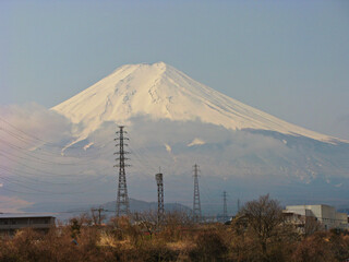 mount fujiyama with a snow top in japan in spring 