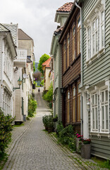 Narrow street with wooden houses in Bergen