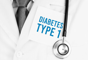 White sticker with text Diabetes type 1 lying on medical robe with a stethoscope