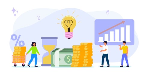 Invest in best idea Investment and analysis money cash profits metaphor Flat design tiny people and business concept for trading Economical wealth revenue visualized as pile of cash Vector