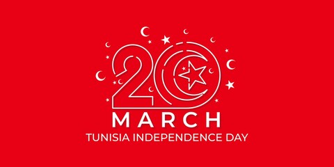 Tunisia Independence day with moon and star design. Typography number of 20 vector illustration. - obrazy, fototapety, plakaty