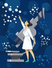 A young woman in a scientific, laboratory coat reaches for a chemical molecule while standing against the background of a large microscope. Research concept. Illustration on the theme of science.