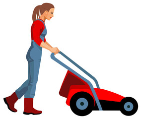 A girl gardener or farmer mows the grass with a lawn mower