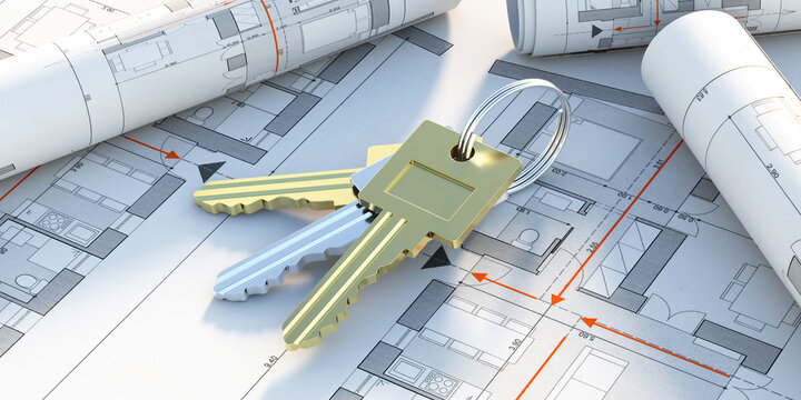 Keys on construction blueprint plans, Real estete development project. 3d illustration