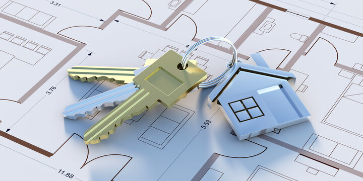 House keys on construction blueprint plans, Residential development project. 3d illustration
