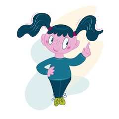 Little girl shakes her finger and says no, shaking her head. Emotional sign. Child face expression concept. Vector character illustration