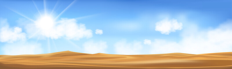 Fototapeta na wymiar Blue sky with fluffy cloud and desert landscape with sand dunes in hot sunny day summer,Vector mesh panoramic Minimalist cartoon beautiful nature with empty sand and Sun rays in morning