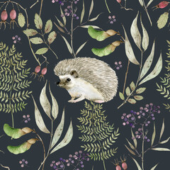 pattern with watercolor botanical illustrations and forest animal hedgehog on dark background, plants hand painted © Lana