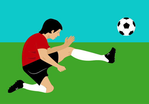 Futbolista lanzando el bal&oacute;n. Patada de fulbolista. al bal&oacute;n en el campo de futbol