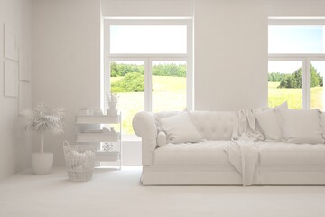 White living room with sofa and summer landscape in window. Scandinavian interior design. 3D illustration
