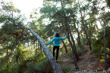 A woman walks along the trunk of a fallen tree in the forest. © zhukovvvlad