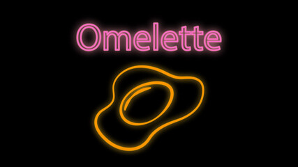 omelette black background, illustration, neon. scrambled eggs with yolk and protein. neon multicolored. bright neon sign. illumination for cafe