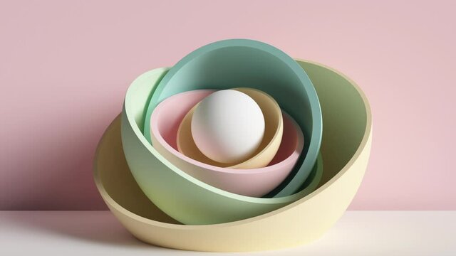 3d ball hidden inside colorful hemispheres, spherical layers opening, motion design, simple geometric objects, primitive shapes. Modern minimal live image in pastel colors