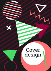 Obraz premium Abstract background in the style of Memphis. Geometric cover design. Fashionable bright cover, banner, poster, booklet. Creative colors. Vector