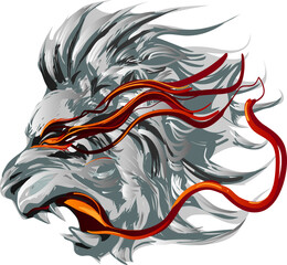 Fantasy vector illustration profile view of black and white lion animal head with red flame stripes. © breakermaximus