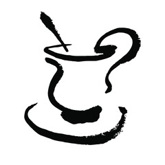 A cup of tea or coffee hand-drawn in ink, vector illustration. The silhouette of a cup on a saucer drawn with paint strokes.