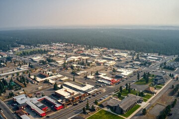 Obraz premium Aerial View of the Tourist Mecca of West Yellowstone which directly borders the Western Entrance of the National Park