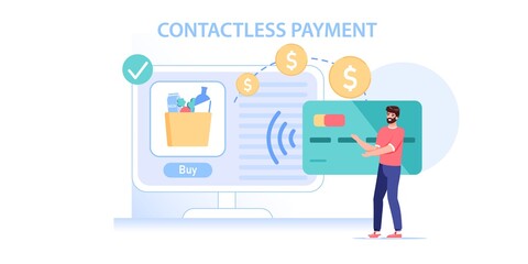 Vector cartoon flat man character makes nfc contactless payment.Happy customer buy goods online,make wireless pay with smart card-modern payment technology,online web site ad banner concept design