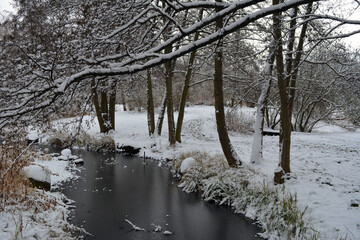 Frozen river and trees under the snow on a cold winter morning in the forest