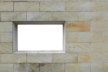 Stone wall with white frame, facade with marble surface, space for text or message, blank photo frame on wall, no person