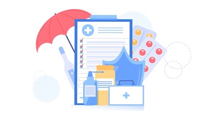 Vector cartoon flat health insurance policy contract,different medication drugs,pills and medical devices-health care treatment,online telemedicine,web site banner ad concept