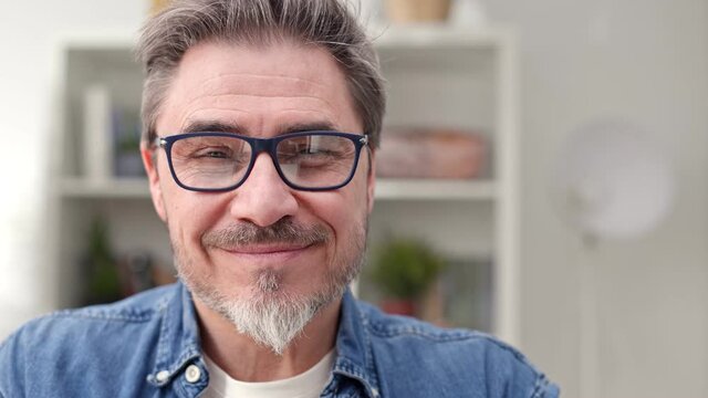 Portrait of older man at home, looking at camera. Happy smile, grey hair, beard, glasses.