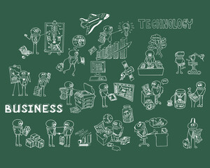 Funny doodle office workers. Business Plan. Deadline. Office Manager. Businessman. Success and Achievement. Graphs and Charts. Vector business monochrome set on green background