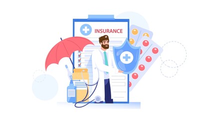 Vector cartoon flat doctor character offers health insurance.Physician specialist presenting,holding insurance policy contract-medical care treatment,online telemedicine,web site banner ad concept