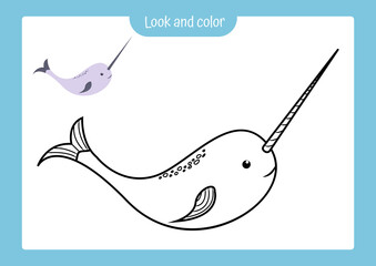 Coloring page outline of narwhal with colored example. Vector illustration, coloring book for kids preschool activities. © Anastasiya