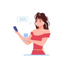 Vector cartoon flat woman character chatting,communicates using smartphone.Happy young girl chat,texting messages via mobile phone-romantic,emotions,friendship,family,social media app concept